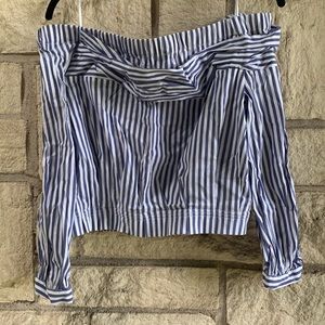 Zara Blue and White Stripe Off the Shoulder Top